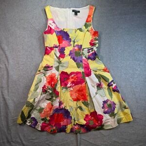 Lauren Ralph Lauren Dress Women 12 Yellow Floral Fit Flare Sleeveless Square